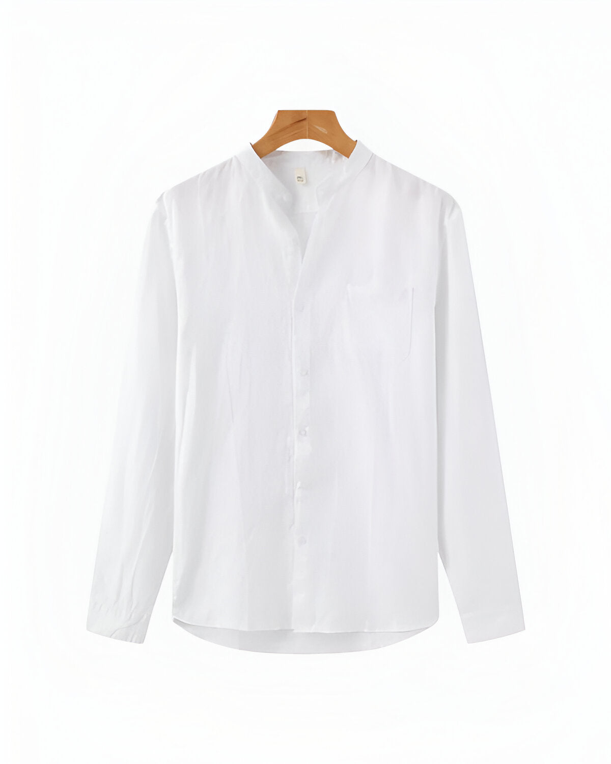 White Collarless Shirt, Black Trousers and Beige Loafers Outfit