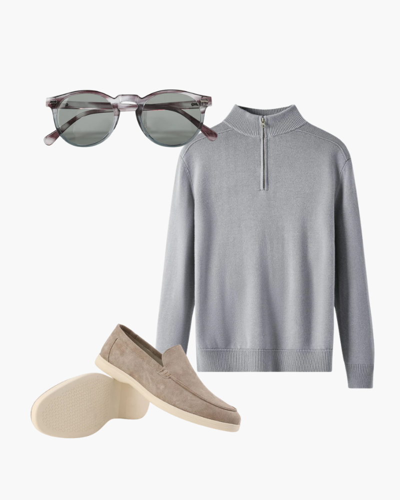 Grey Zip Sweater, Taupe Loafers and Transparent Sunglasses