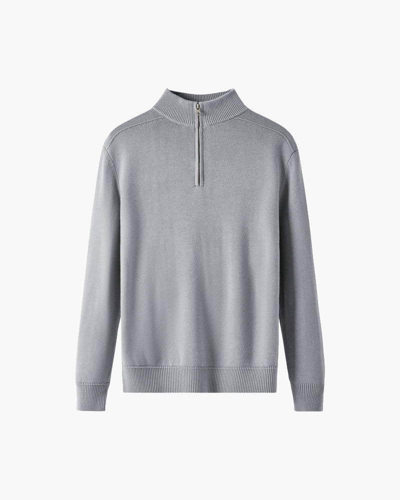 Grey Zip Sweater, Taupe Loafers and Transparent Sunglasses