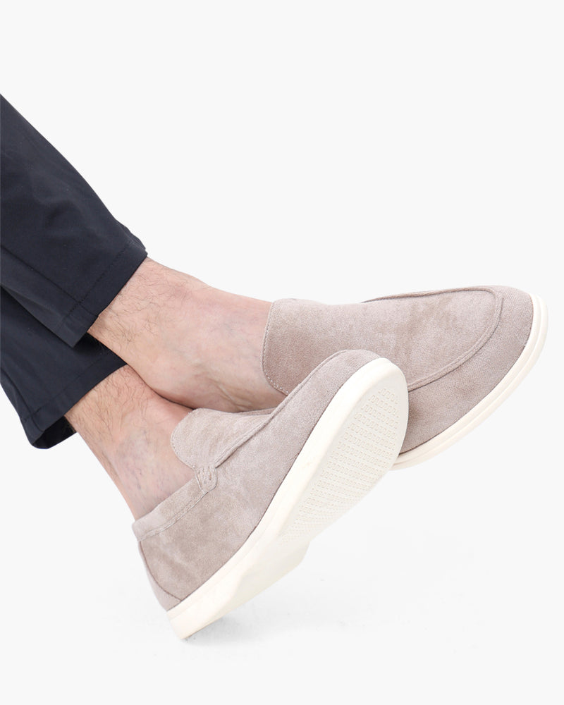 Grey Zip Sweater, Taupe Loafers and Transparent Sunglasses
