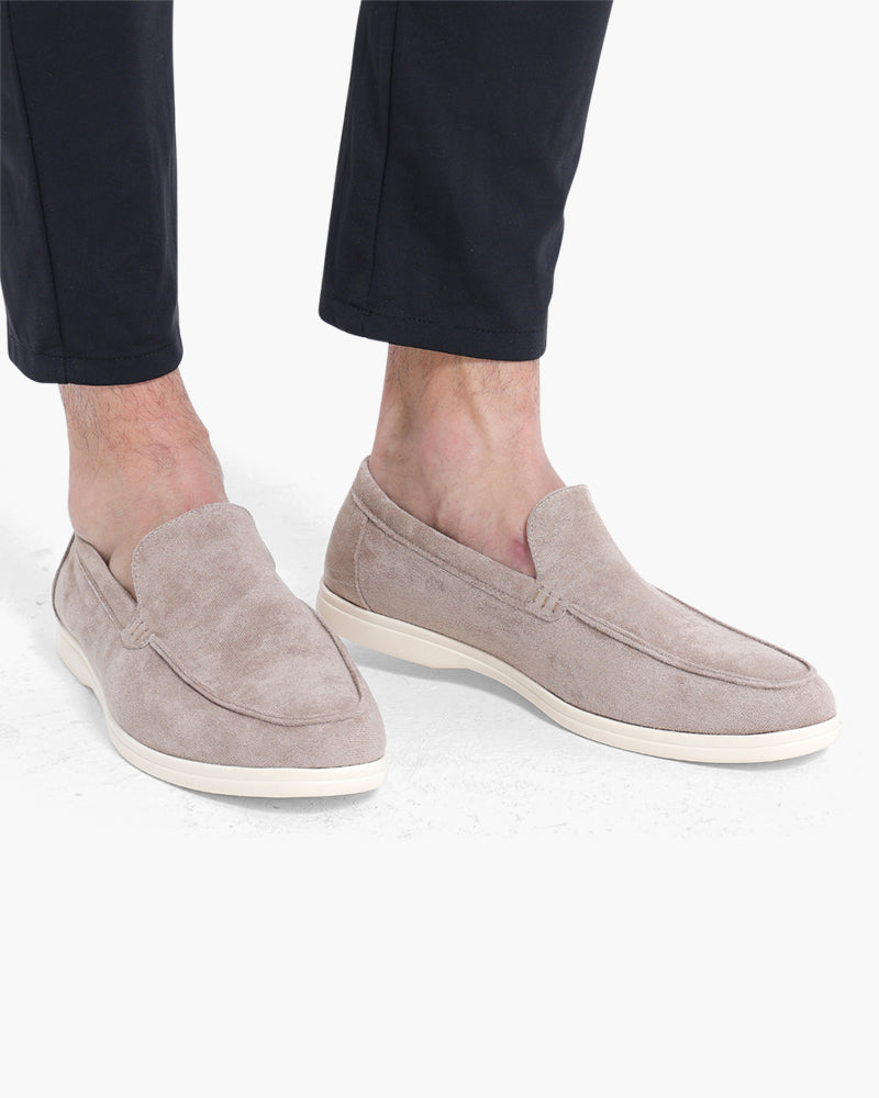 Grey Zip Sweater, Taupe Loafers and Transparent Sunglasses