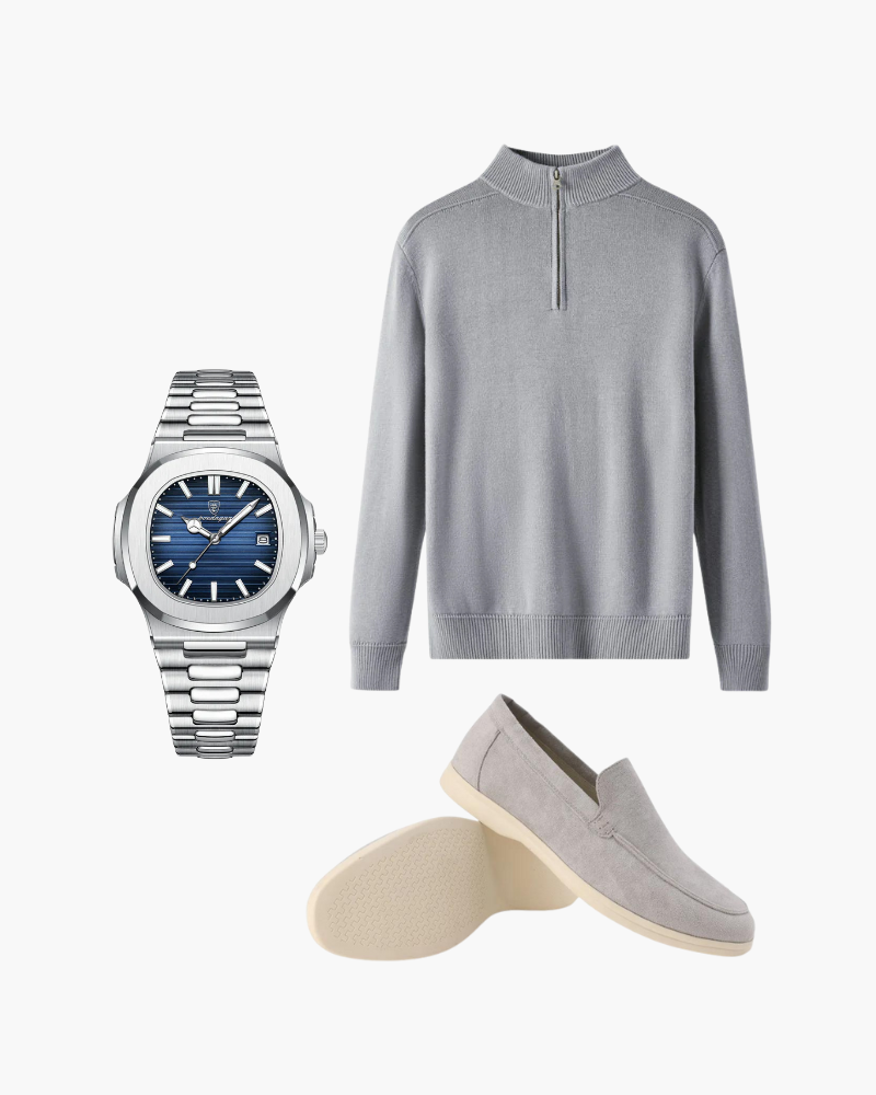 Grey Zip Sweater, Suede Loafers and Blue-Dial Watch