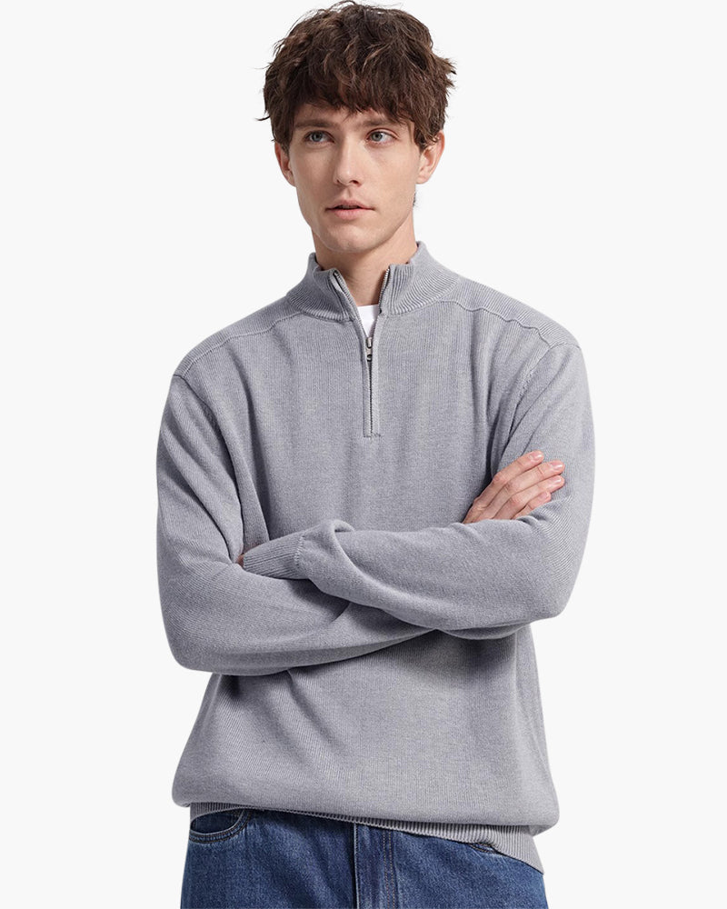 Grey Zip Sweater, Suede Loafers and Blue-Dial Watch