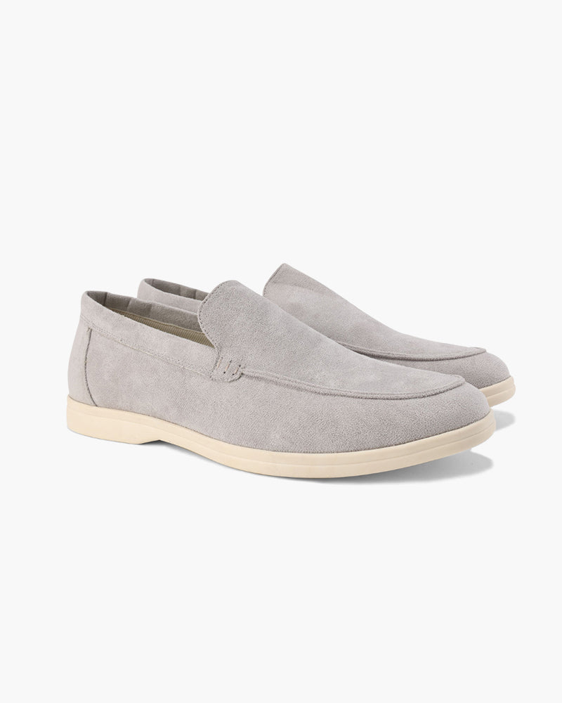 Grey Zip Sweater, Suede Loafers and Blue-Dial Watch