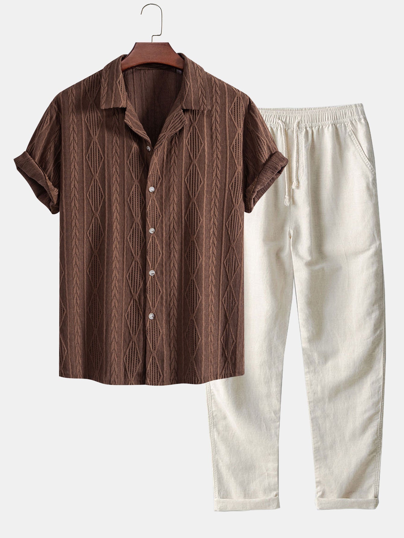 Geometric Jacquard Shirt and Linen Trousers Set