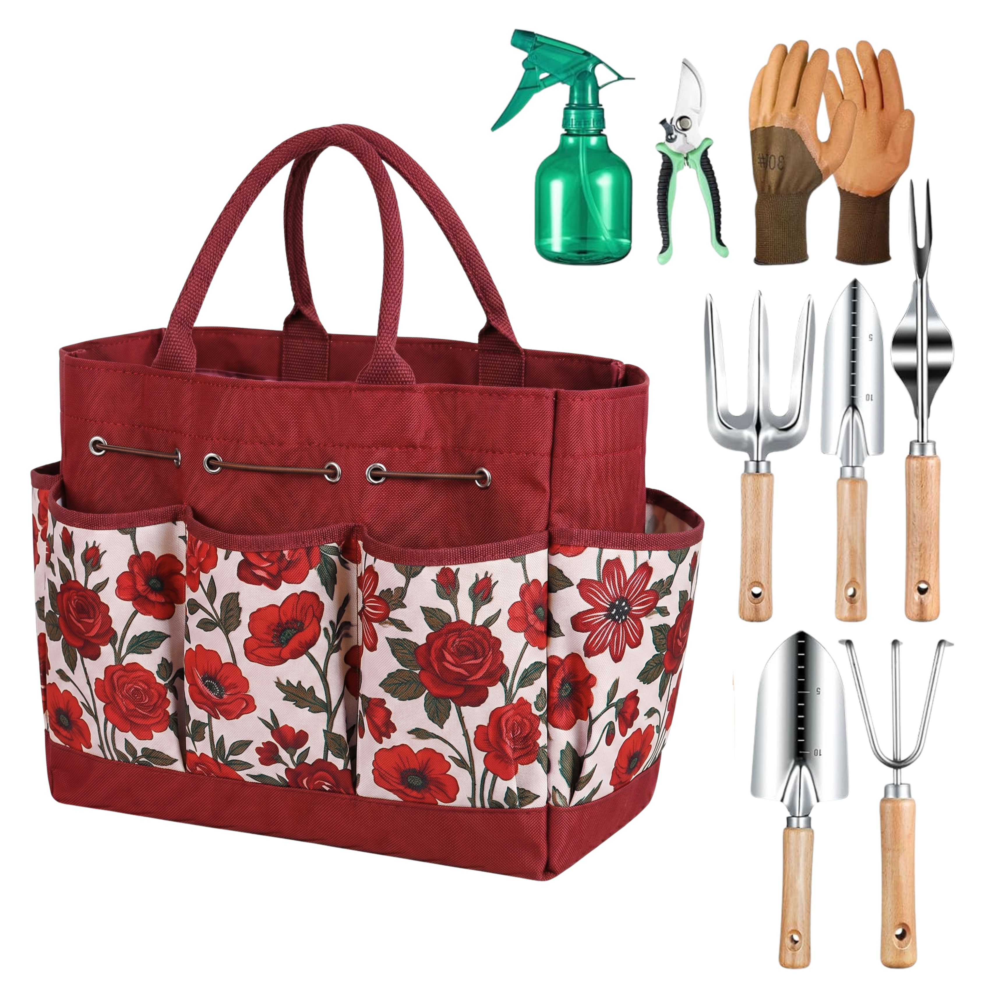 9-Piece Gardening Tool Set with Floral Tote Bag and Hand Tools