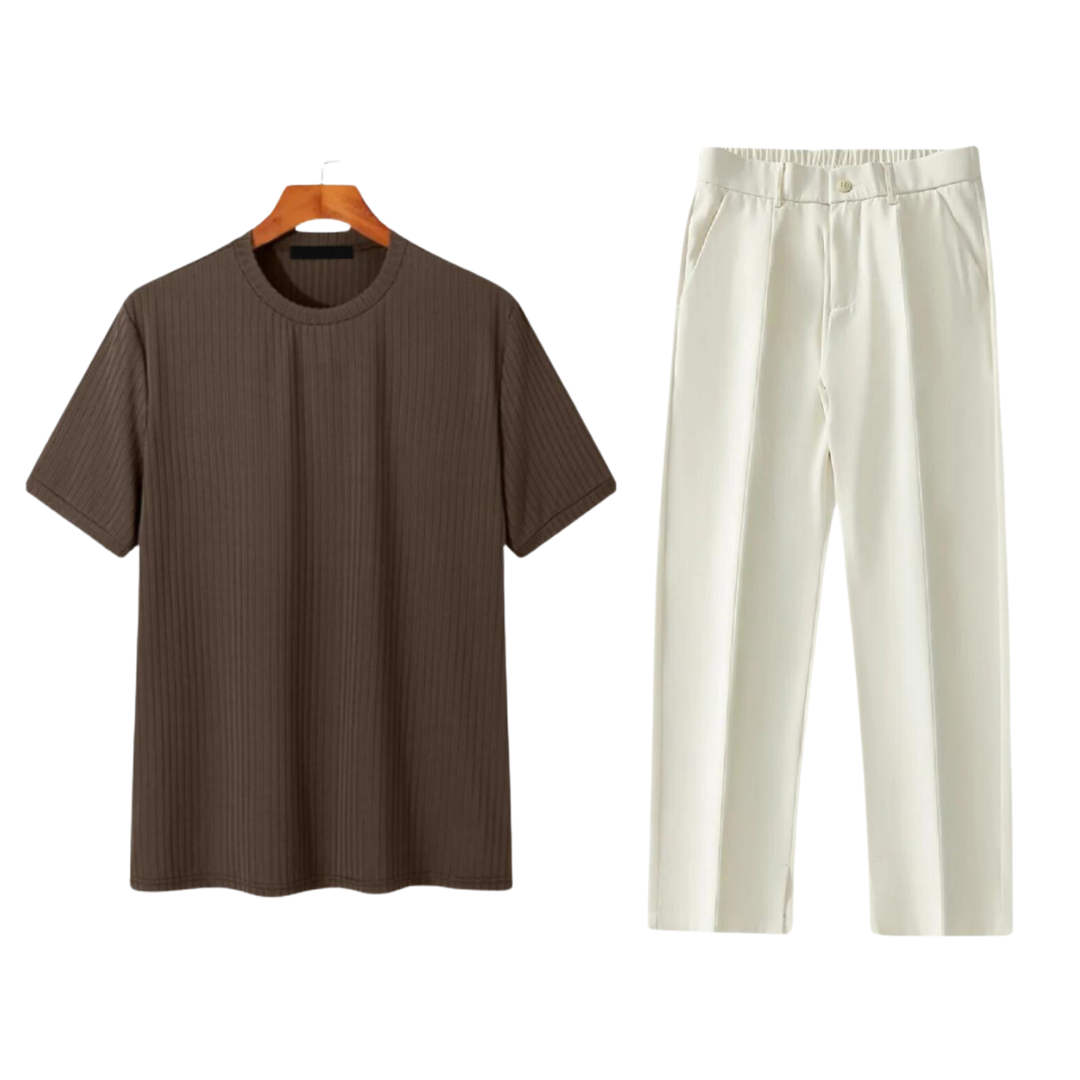 Brown Ribbed T-Shirt and Off-White Trousers Outfit