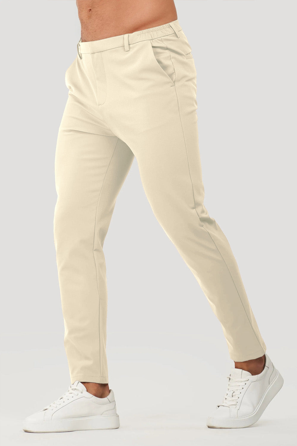 Cream Slim-Fit Casual Trousers