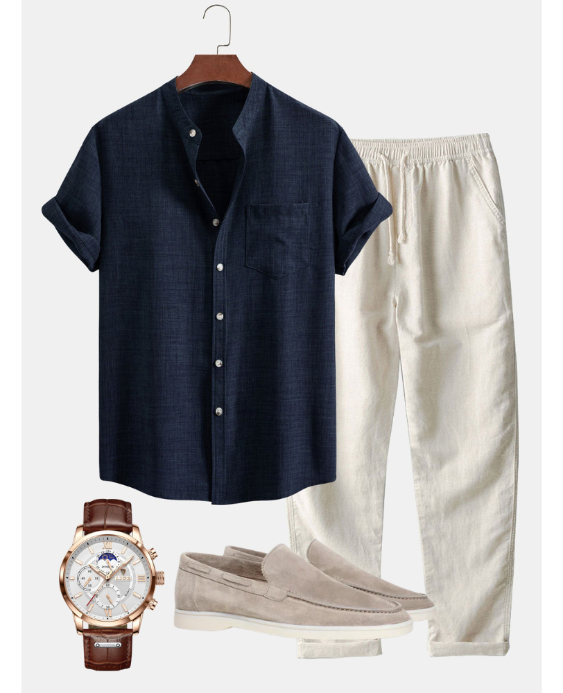 Dark Blue Stand Collar Shirt and Cream Linen Trousers Set