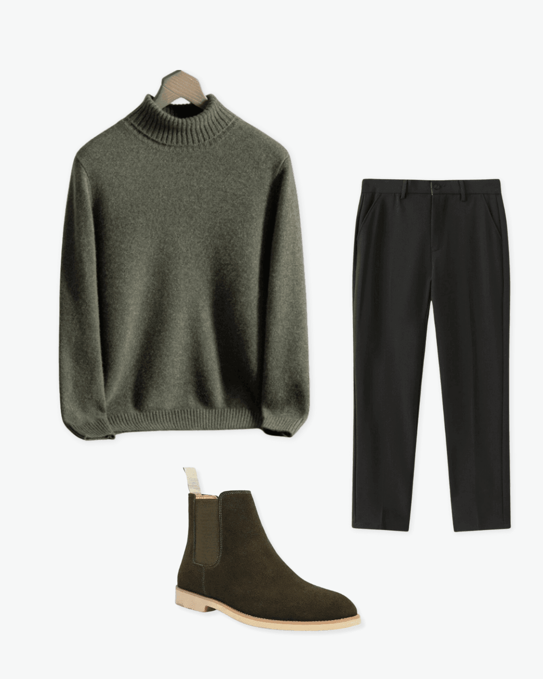 Olive Knit Jumper, Black Trousers and Green Chelsea Boots