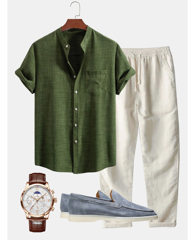 Green Collarless Shirt, Cream Trousers, Blue Loafers and Watch - Outfit
