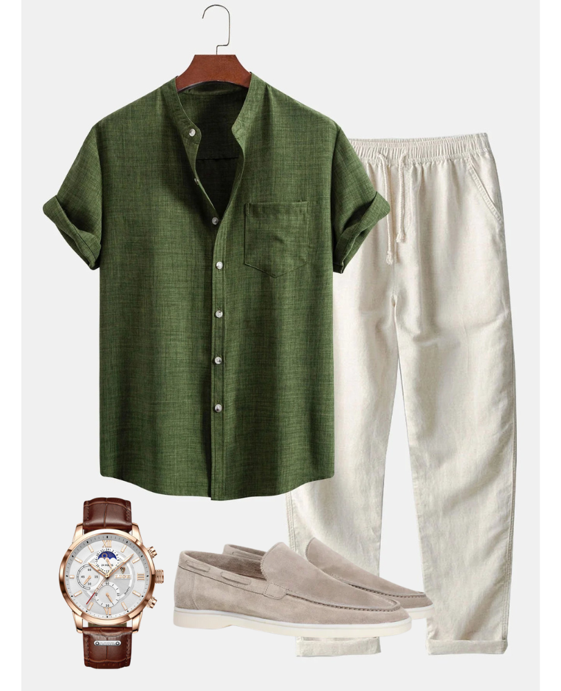 Green Collarless Shirt, Cream Trousers, Blue Loafers and Watch - Outfit