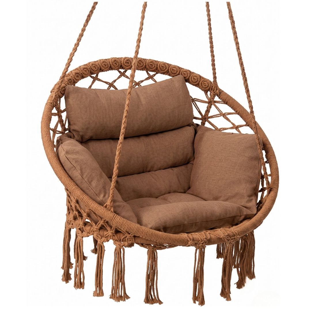 Hammock Chair Swing Chair with Boho Cushion Macrame Hanging Seat
