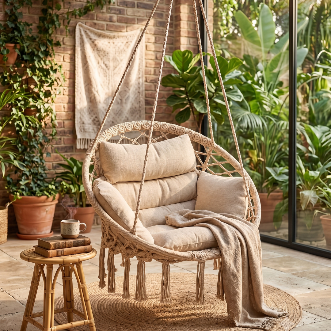 Hammock Chair Swing Chair with Boho Cushion Macrame Hanging Seat