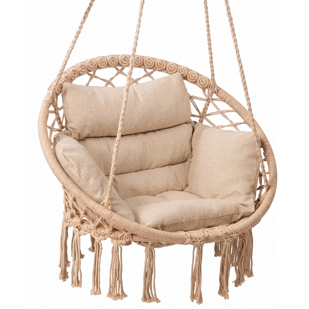 Hammock Chair Swing Chair with Boho Cushion Macrame Hanging Seat