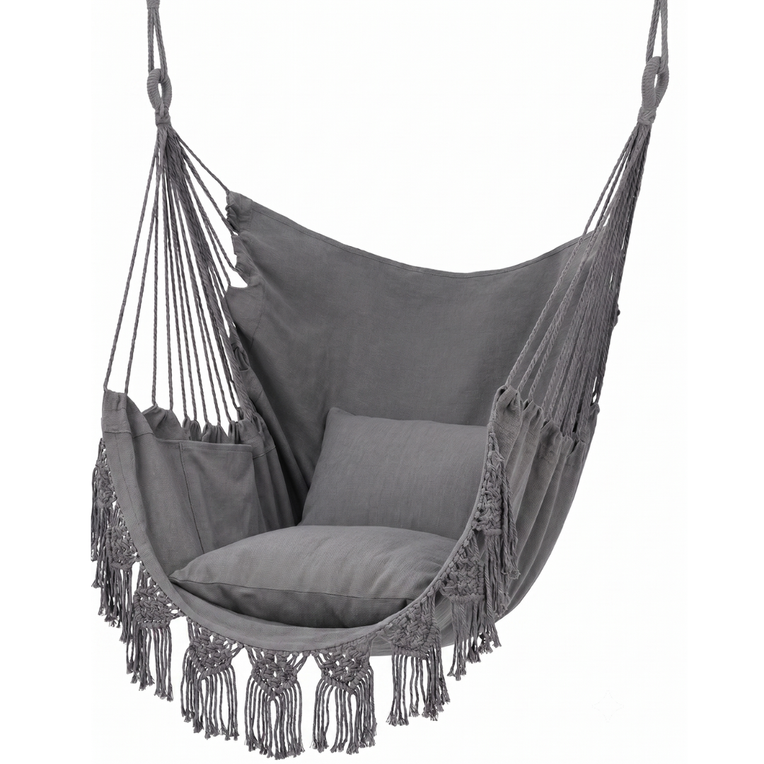 Macrame Swing Hanging Chair with Cushions and Storage Pocket