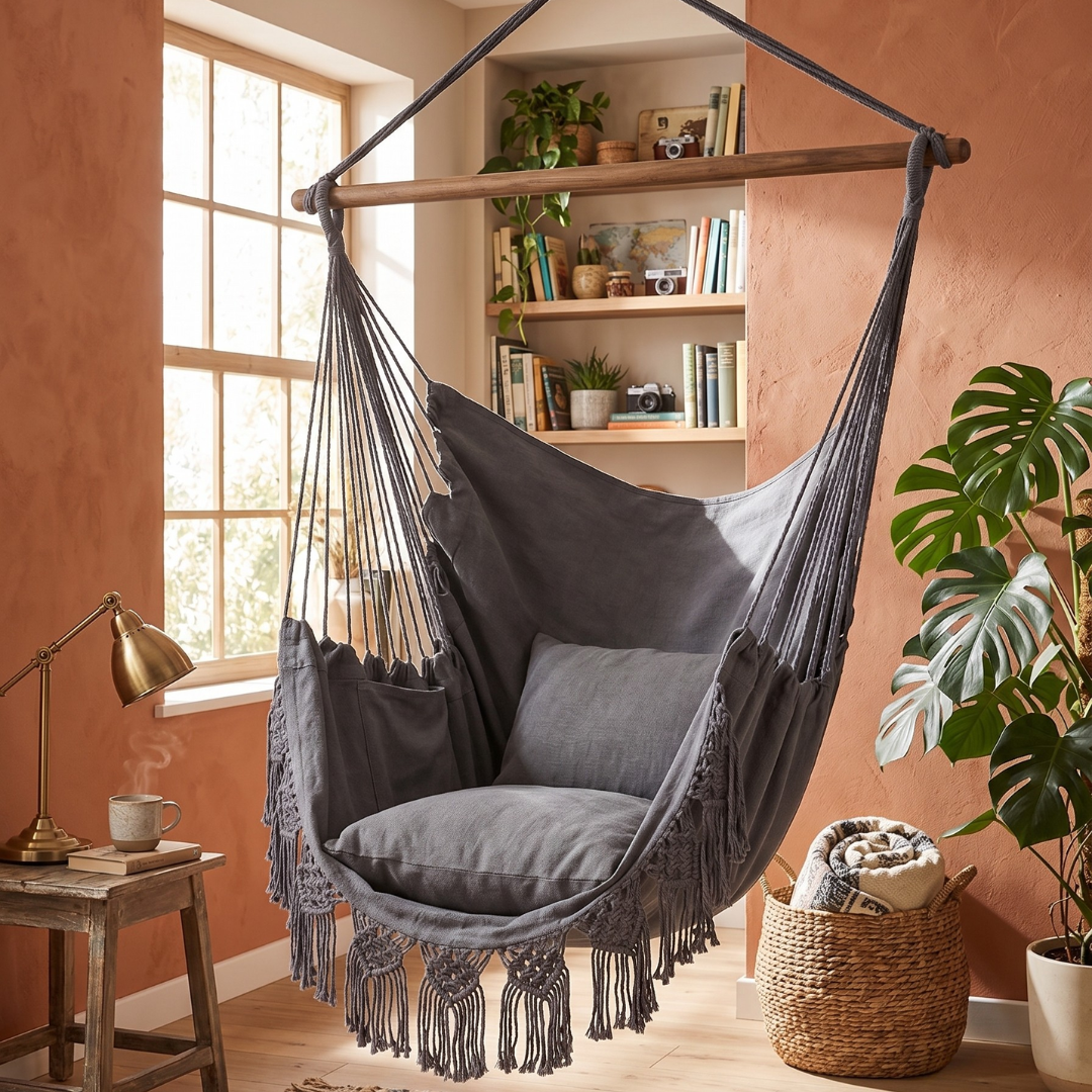 Macrame Swing Hanging Chair with Cushions and Storage Pocket