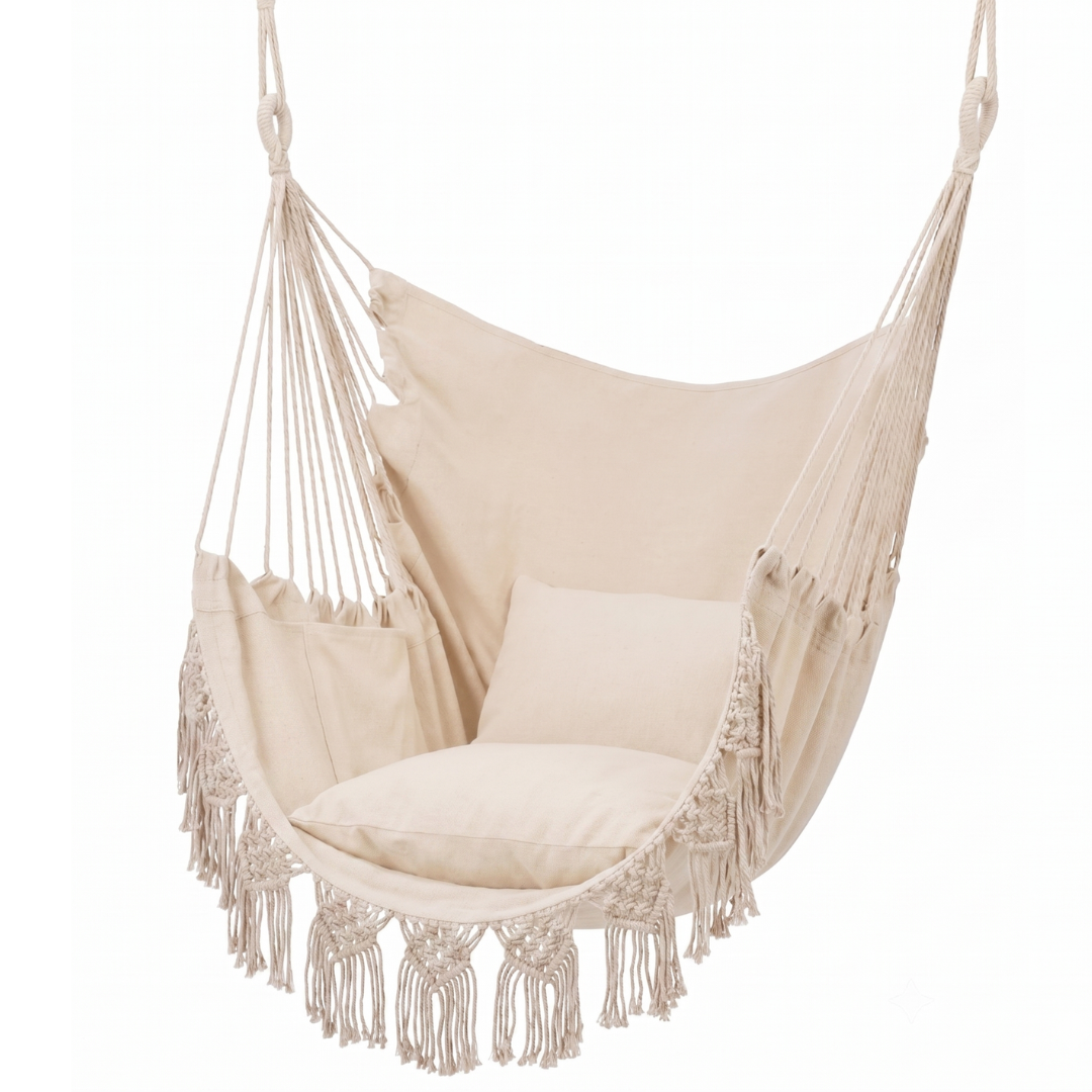 Macrame Swing Hanging Chair with Cushions and Storage Pocket