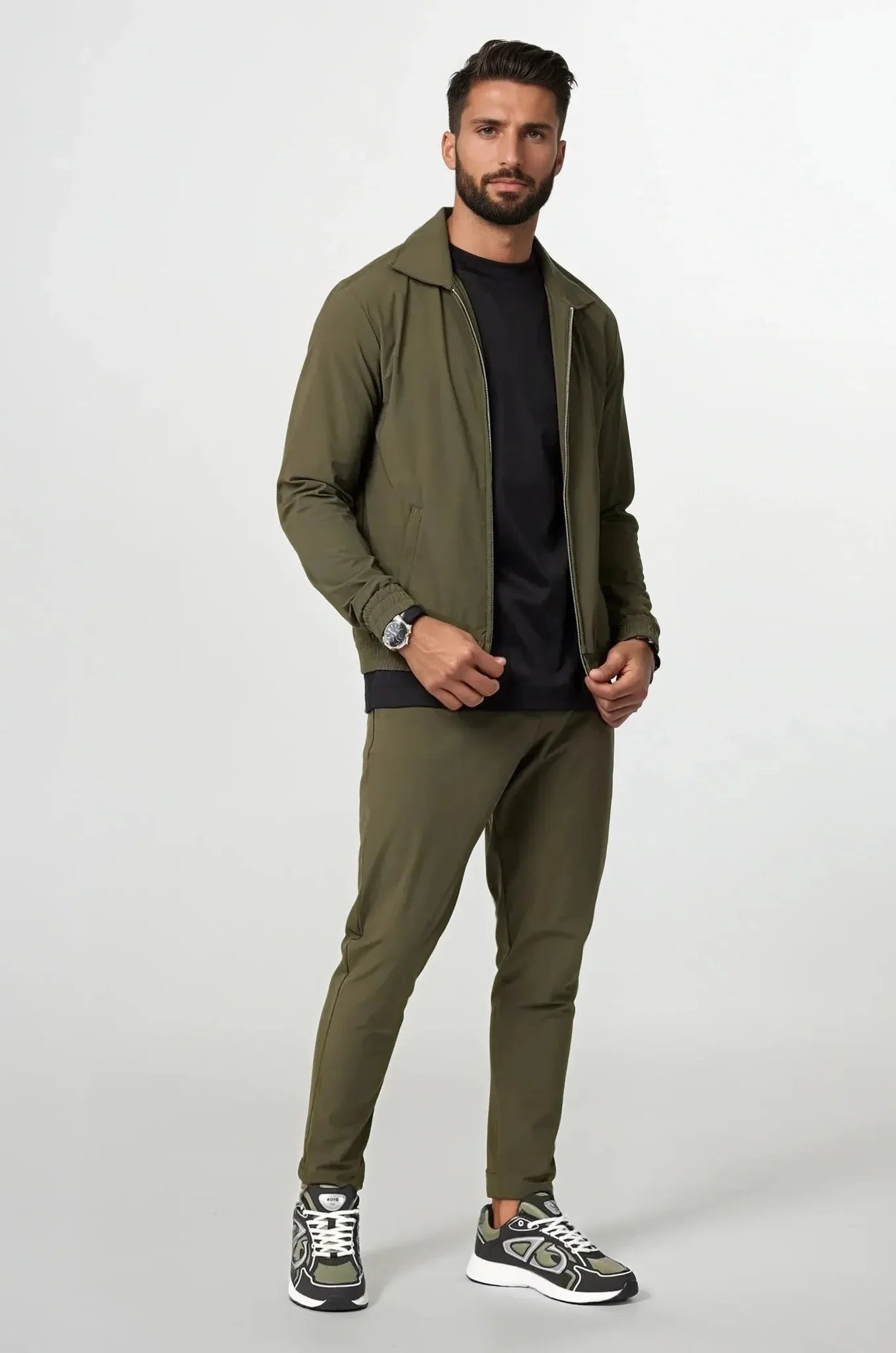 Olive Zip-Up Tracksuit with Fold-Down Collar