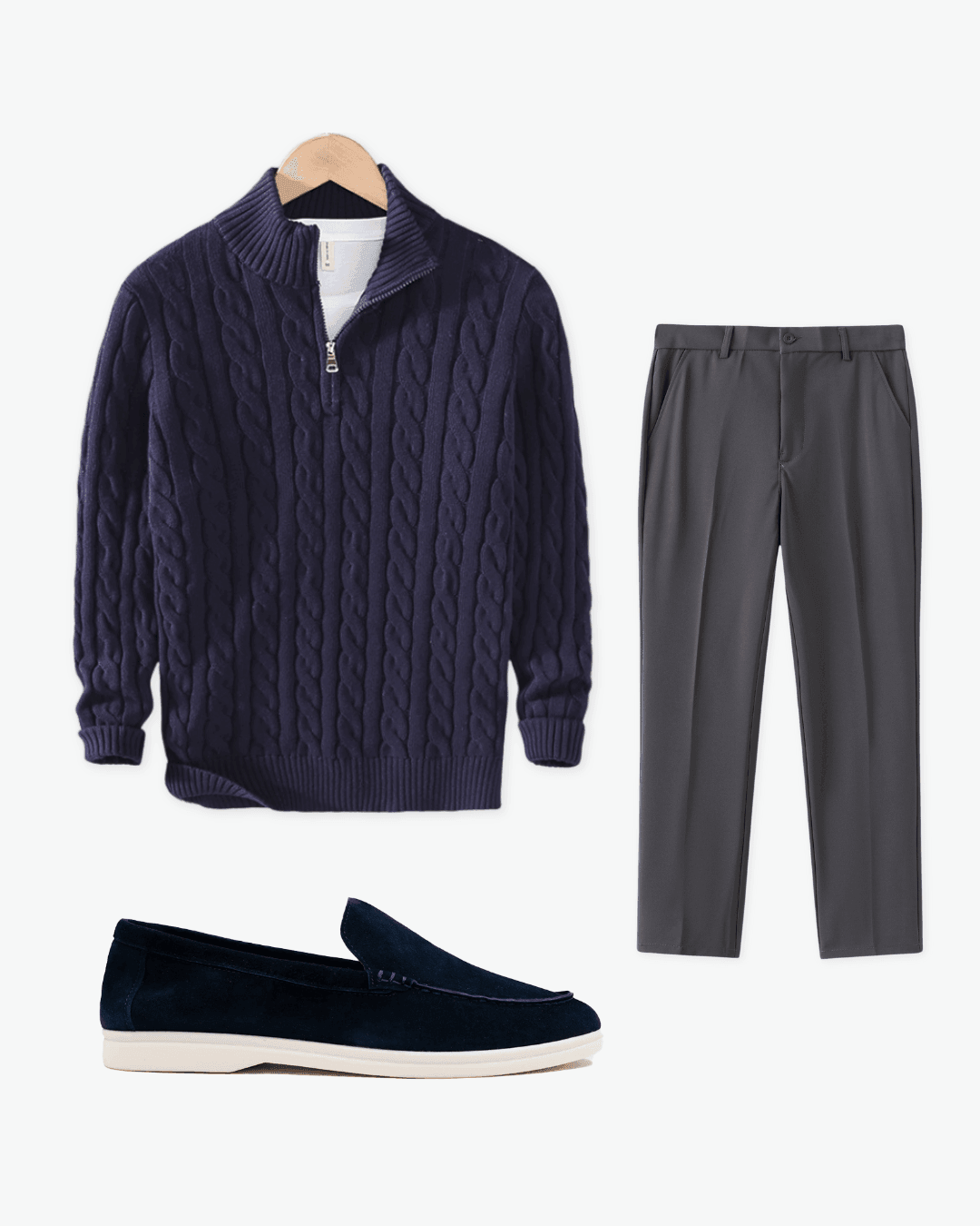Navy Cable Sweater with Charcoal Trousers and Loafers
