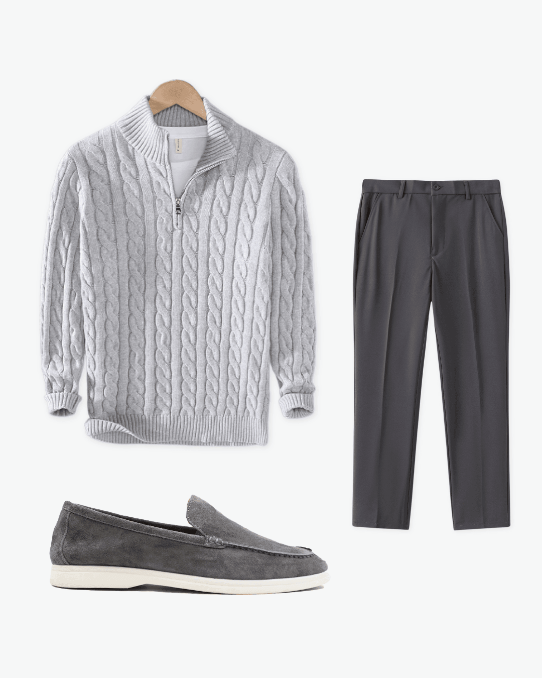 Grey Cable Sweater with Charcoal Trousers and Loafers