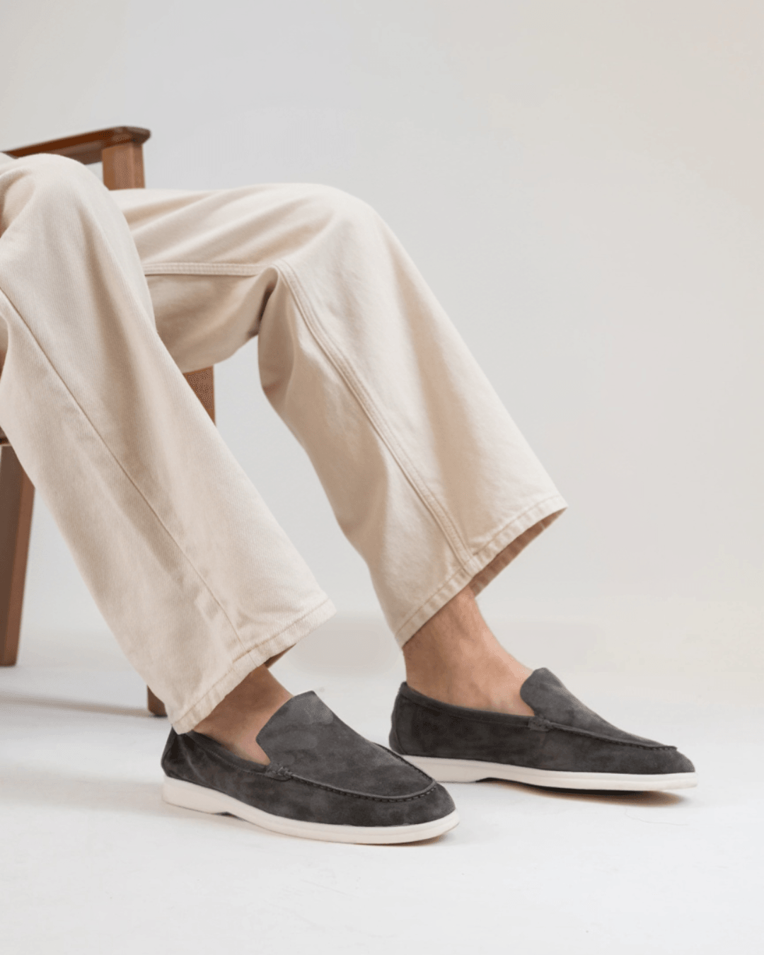 Grey Cable Sweater with Charcoal Trousers and Loafers