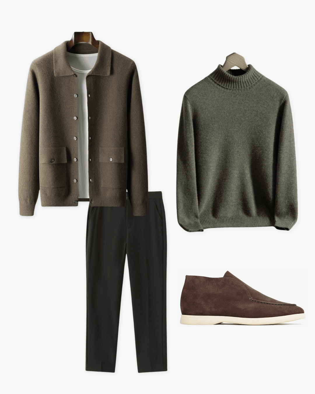 Collection of clothing items including a jacket, sweater, pants, and shoes on a white background