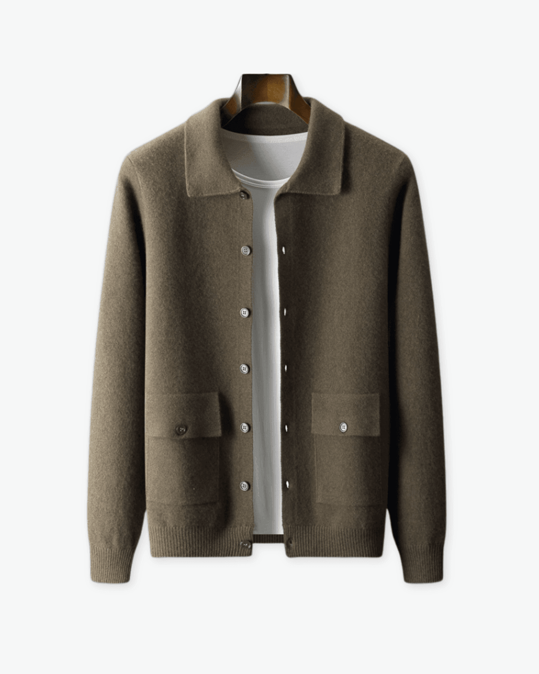 Brown jacket on a mannequin against a white background