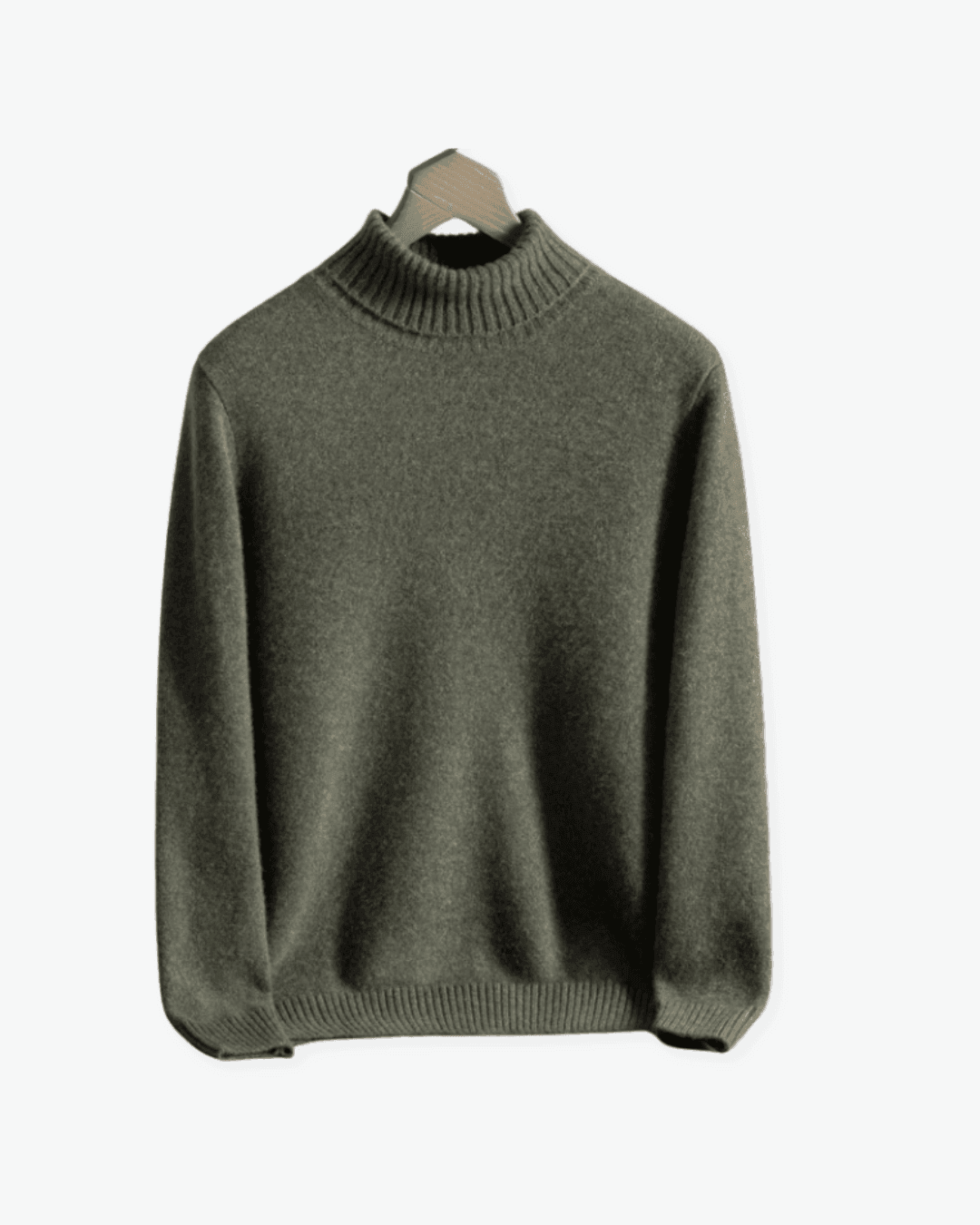 Green turtleneck sweater on a hanger against a white background