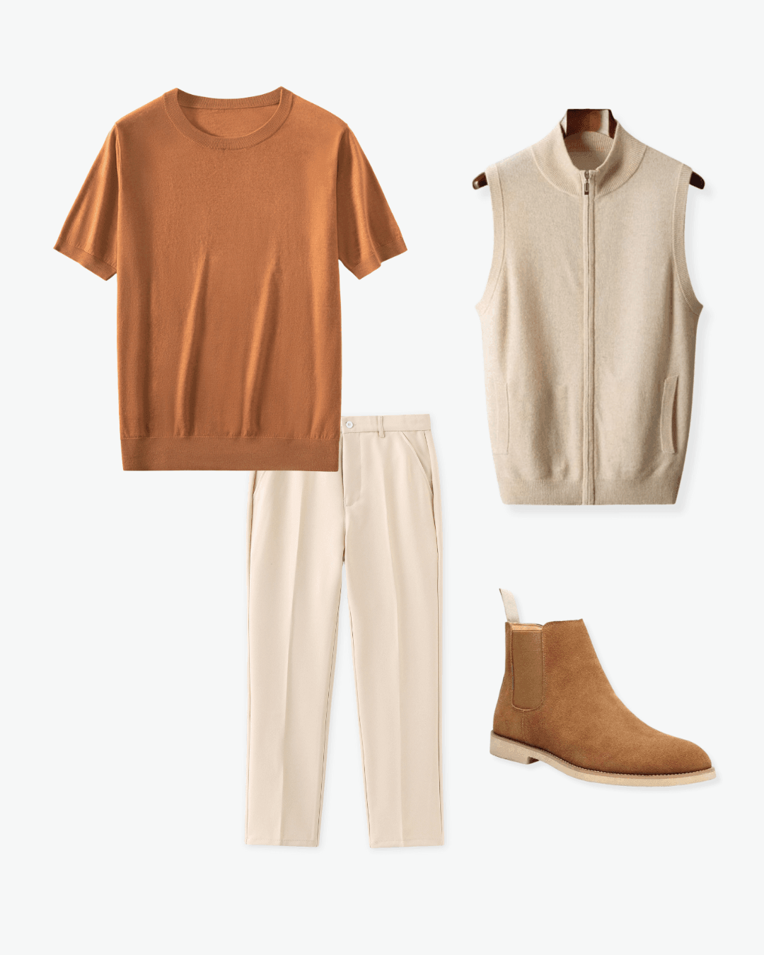 Brown t-shirt, beige vest, white pants, and brown ankle boots on a white background