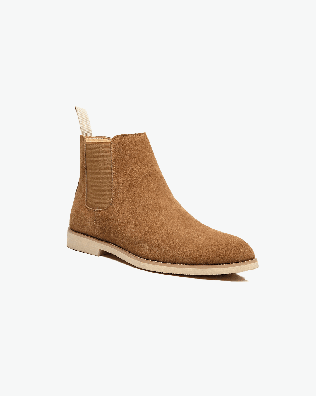 Tan Chelsea boot on a white background