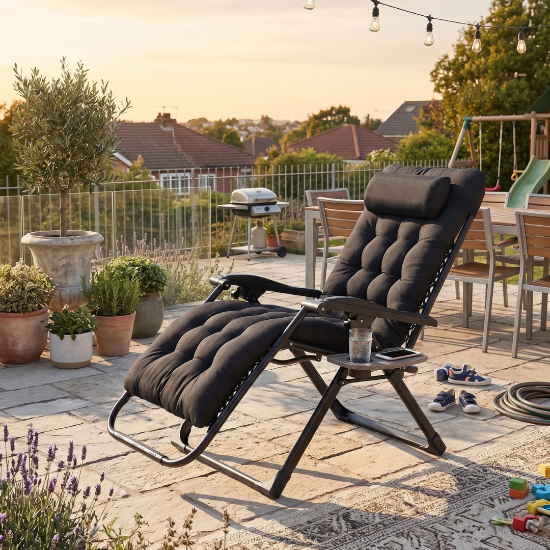 Padded Reclining Lounge Chair with Cushion and Folding Tray Set