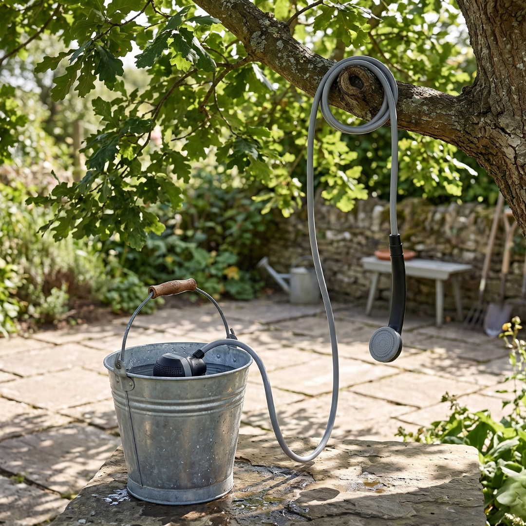 Portable Battery Powered Camping Shower with 18 ft Hose and Pump Unit