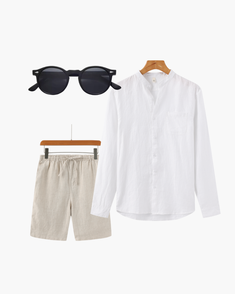 White Collarless Shirt, Beige Shorts and Black Sunglasses - Outfit