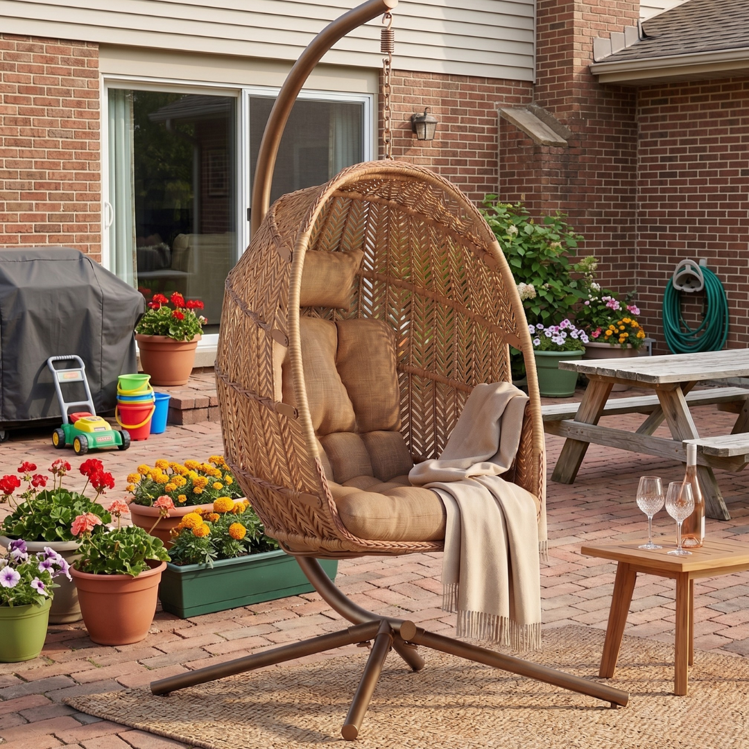 Wicker Egg Chair with Stand, Cushion, Steel Frame, 350 lb Capacity